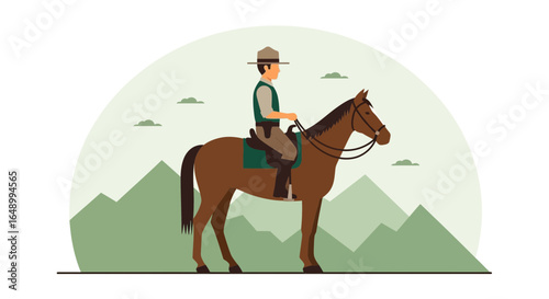 Horseback riding illustration featuring a park ranger in a mountainous backdrop suitable for educational or recreational materials