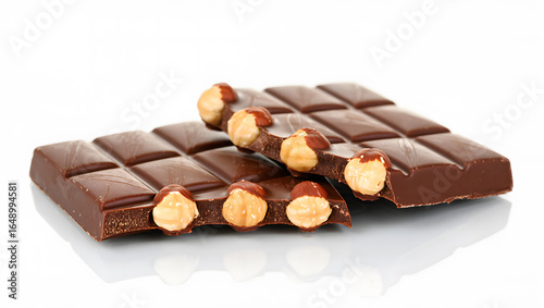 Close-up of premium chocolate bar with whole hazelnuts inside, isolated on white background