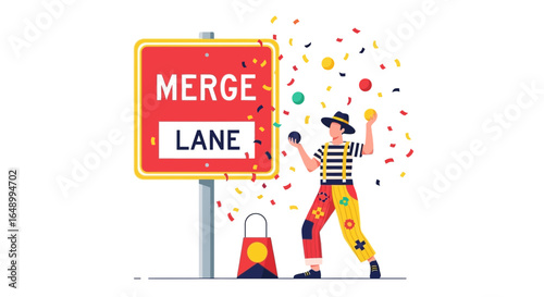 Humorous Depiction Of A Juggler's Celebration Next To A Merge Lane Sign