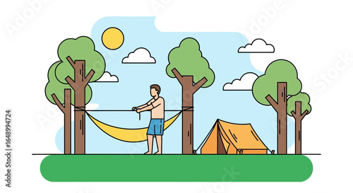 Illustration Of Person Setting Up Hammock And Tent In Nature Setting