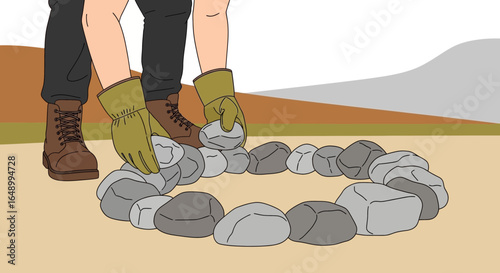 Illustration of person building rock fire pit outdoors ready for camping adventure