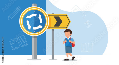 Illustration Of Schoolboy Walking Near Road Signs On Blue And White Backdrop