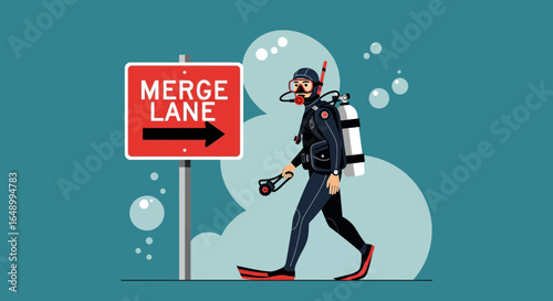 Humorous Illustration of Diver Exiting Water By Road Sign Conceptually Confusing