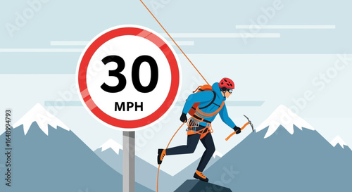 Humorous Mountain Climbing Above the Speed Limit with a Climber and an Ice Axe