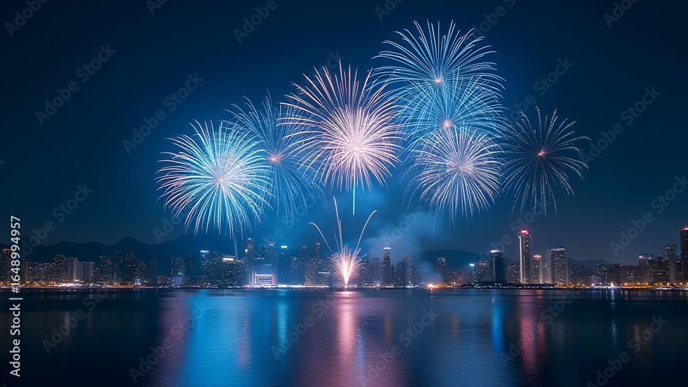 Fototapeta premium Spectacular Fireworks Display over a City Skyline Reflected in the Water