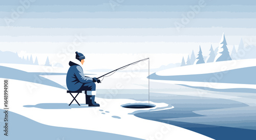 Ice Angler Enjoying Winter Serenity And Pursuing His Frozen Water Passion