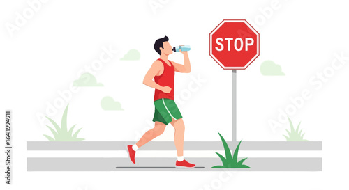 Hydration Stop For A Running Man During His Outdoor Workout Routine