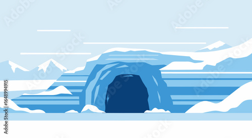 Ice Cave Entrance Amidst Snowy Landscape In Flat Vector Illustration Design