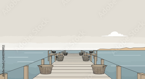 Illustration Of Wooden Pier With Baskets Overlooking The Tranquil Sea And Distant Coastline