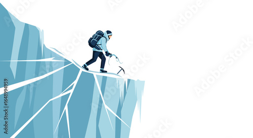 Ice climber navigates a crevasse on a glacier with a climbing axe representing overcoming challenges and resilience in difficult terrain