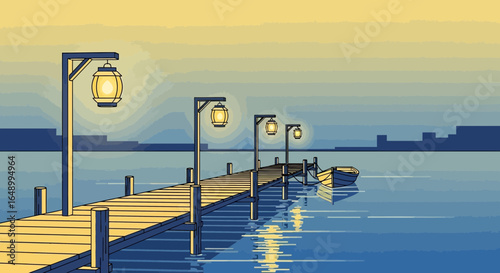 Illustration of wooden pier with illuminated lanterns over water at sunset or sunrise