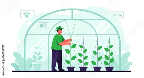 Illustration showcasing a farmer tending to plants inside a greenhouse, highlighting sustainable agriculture and organic farming practices