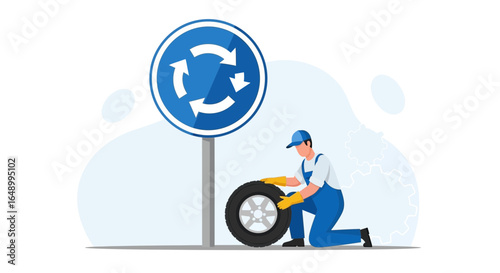 Illustrative Car Service Worker With Tire Beside Roundabout Sign For Automobile Care