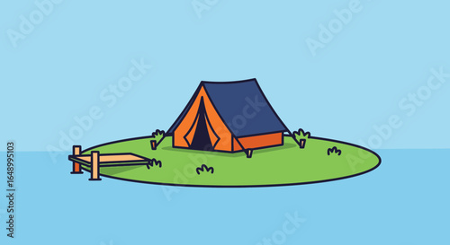 Illustrative campsite scene on a tiny island with a tent and dock in serene blue waters