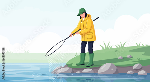 Illustrative Catch Woman Riverbank Person Fishing Water Activities