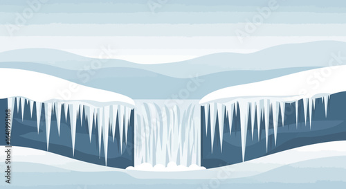 Icy Waterfall In Winter Landscape Vector Scenery With Snow Mountain Backdrop
