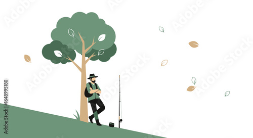 Illustrative depiction of a fisherman under a tree contemplating outdoor recreation in nature with a fishing rod