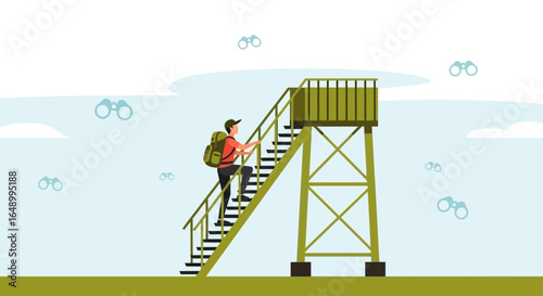 Illustrative depiction of a hiker climbing stairs to a lookout tower for observation