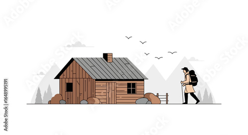 Illustrative depiction of a hiker passing a cozy cabin in a mountainous setting
