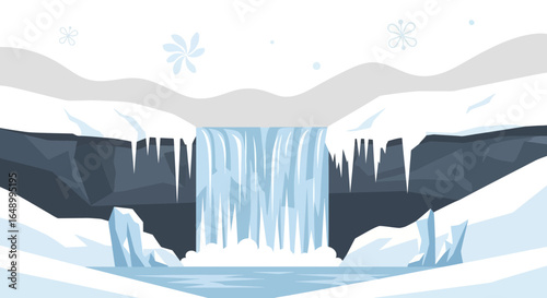 Icy Waterfall With Snowflakes Landscape In Winter Season Illustration Art