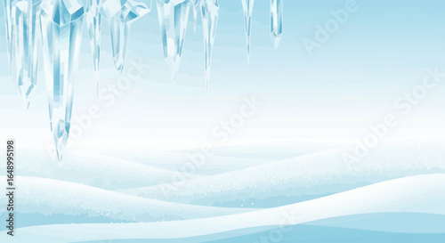 Icy Winter Landscape With Icicles Sparkling Snow Drifts In A Frozen Scene