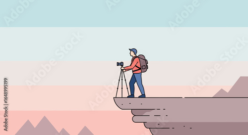 Illustrative depiction of a photographer on a cliffside adventure with a camera and tripod ready to capture breathtaking landscapes