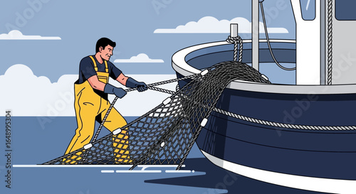 Illustrative Fisherman Pulling Fishing Net Out Of Water On Boat On Cloudy Day