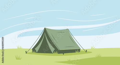 Idyllic Camping Scene Featuring a Green Tent Under a Blue Sky