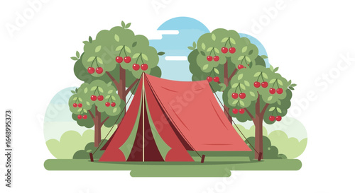 Idyllic Camping Scene with Tent Amongst Cherry Trees Vector Illustration