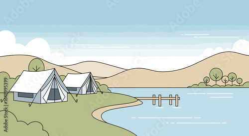 Idyllic Campsite Near Lake With Pastel Colors In A Minimalist Landscape