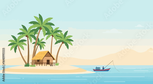 Idyllic Island Escape With Palms Hut And Fisherman Enjoying Ocean Serenity
