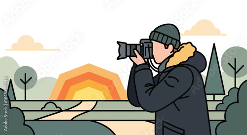 Illustrative Photographer Capturing a Vibrant Sunrise in Nature's Embrace