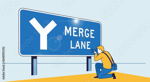 Illustrative Photographer Capturing the Essence of a Merge Lane Sign Illustration