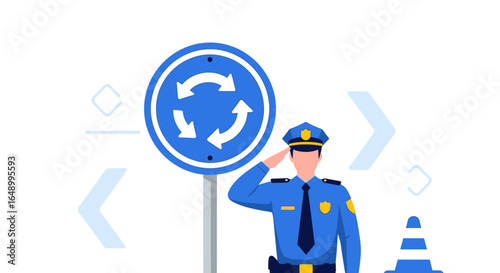 Illustrative Policeman Saluting Next To A Roundabout Road Sign Vector Design