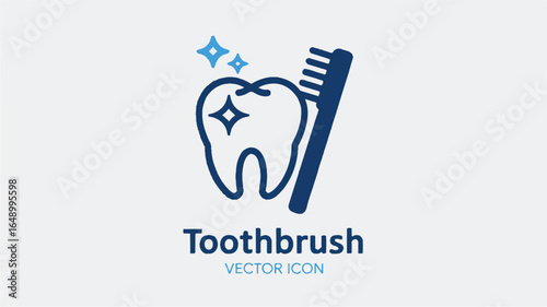 Blue vector icon of a tooth being brushed by a toothbrush with sparkles teeth dental