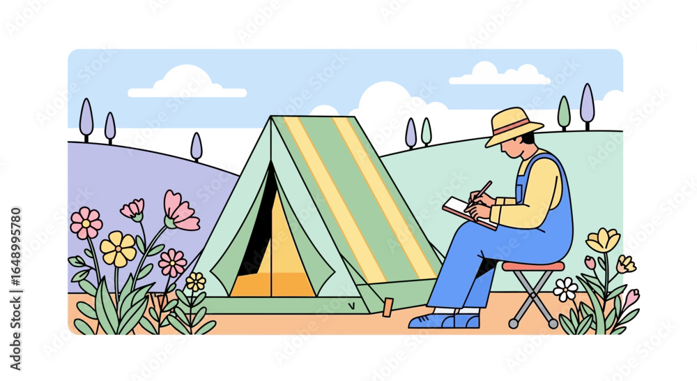Fototapeta premium Illustrative Scene Of Campground With Tent And A Man Sketching Outdoors