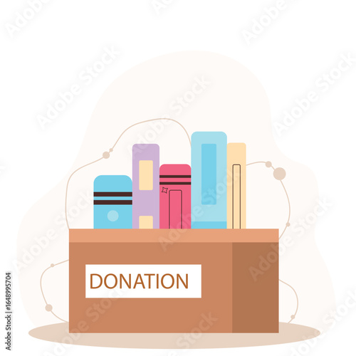 Donation box with full of books. cardboard box with books for donation international book giving day vector illustration