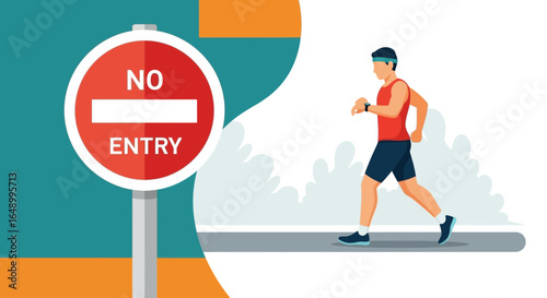 Ignoring Boundaries Man Running Past No Entry Sign Vector Illustration
