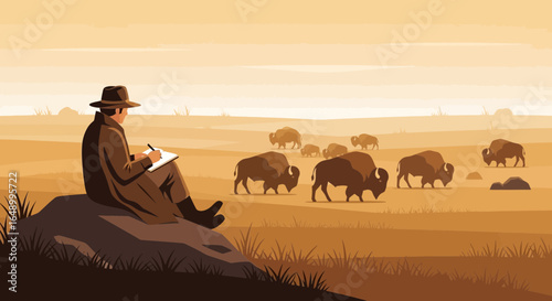 Illustrative Scene Of A Wildlife Observer In A Prairie With American Bisons