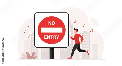 Ignoring Regulations: A Runner In The City With Headphones And No Entry Sign