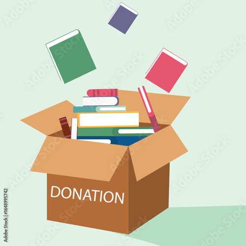 Donation box with full of books. cardboard box with books for donation international book giving day vector illustration