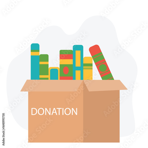 Donation box with full of books. cardboard box with books for donation international book giving day vector illustration