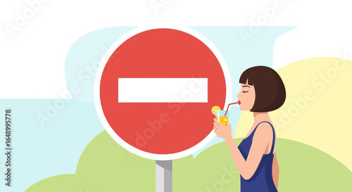 Ignoring Rules Young Woman Refreshing Beverage Near Prohibited Street Sign