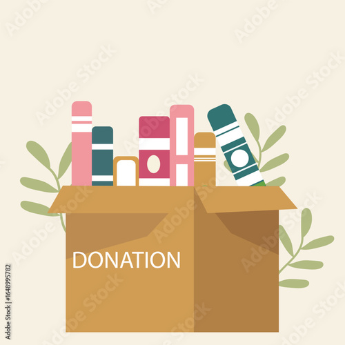 Donation box with full of books. cardboard box with books for donation international book giving day vector illustration