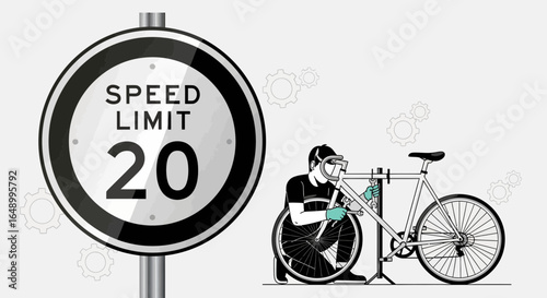 Illustrative Scene Of Bicycle Repair Near Speed Limit Sign Showing Active Transport Safety