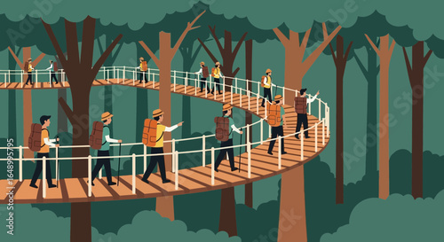 Illustrative scene of people hiking on a suspension bridge in a forest setting beautiful forest illustration