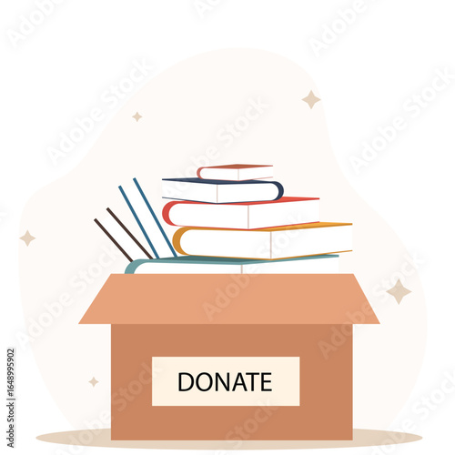 Donation box with full of books. cardboard box with books for donation international book giving day vector illustration