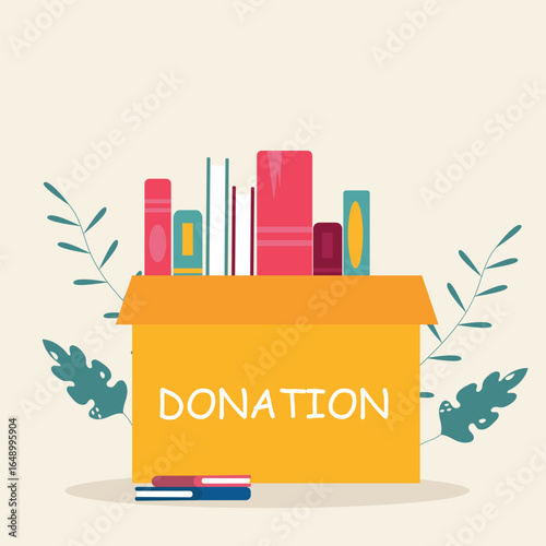Donation box with full of books. cardboard box with books for donation international book giving day vector illustration