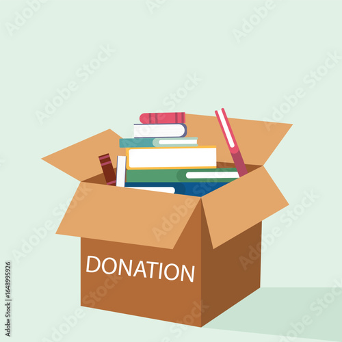 Donation box with full of books. cardboard box with books for donation international book giving day vector illustration