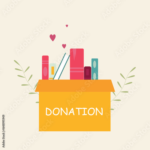 Donation box with full of books. cardboard box with books for donation international book giving day vector illustration